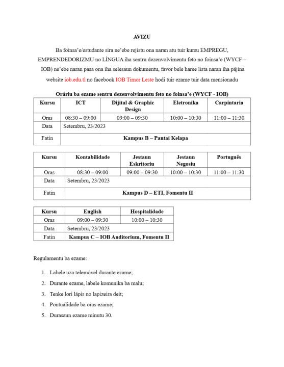 Orariu Teste iha Sentru Formasaun (WYCF - IOB)