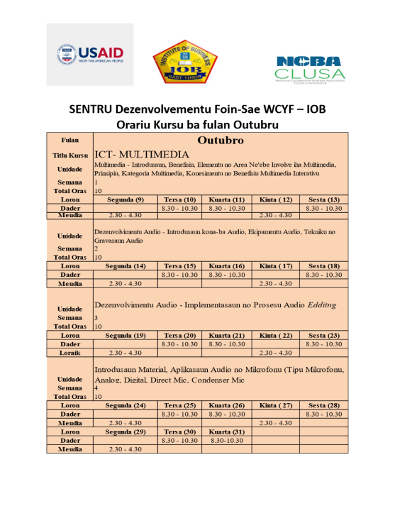 Orariu Kursu ba fulan Outubru 2023, SENTRU Dezenvolvementu Foin-Sae ...